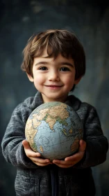 Young boy holds globe with confident smile.
