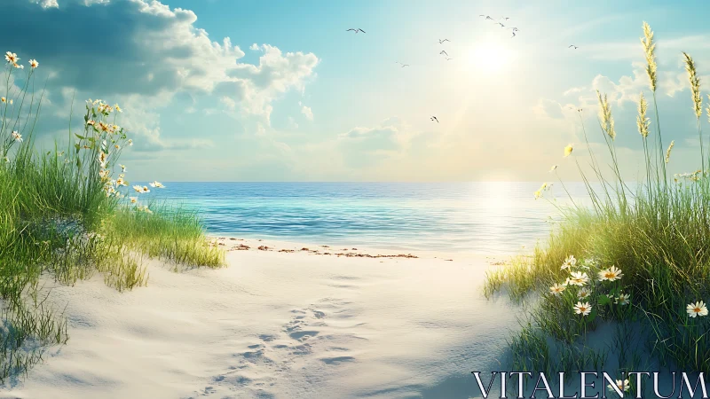 Sunlit sandy path leads through dune grass to calm sea