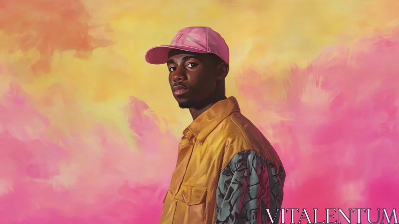 Portrait in pink and gold against dreamy gradient backdrop.