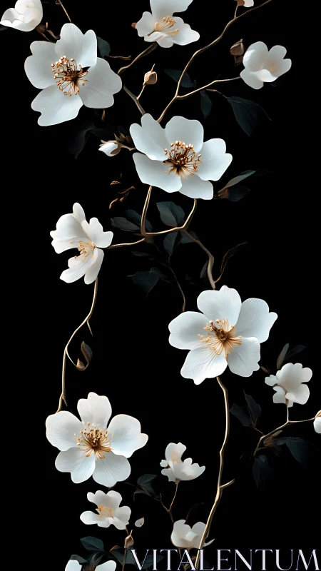 White Peonies Against Black. Golden Stamens.