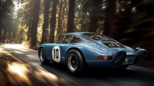 Forest-bending sprint of a blue vintage rally racer in light.