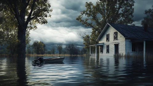 Flooded farmhouse rests under stormy, brooding evening sky