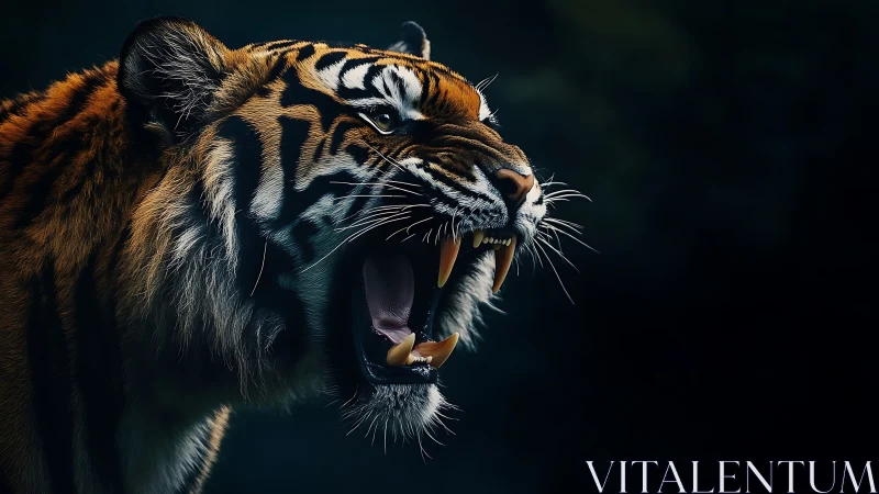 Roaring tiger emerges from shadow with intense feral power