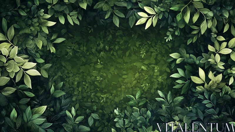 Lush botanical frame surrounds deep emerald green center.