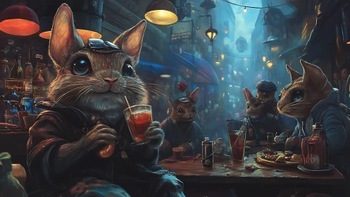Anthropomorphic rodents seated in urban night caf&eacute; scene.