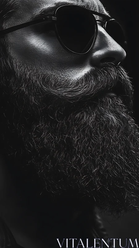 Close cropped side profile shows beard, skin texture and glasses