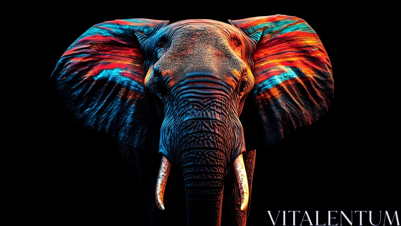 Chromatic elephant portrait with neon-infused textured ears.