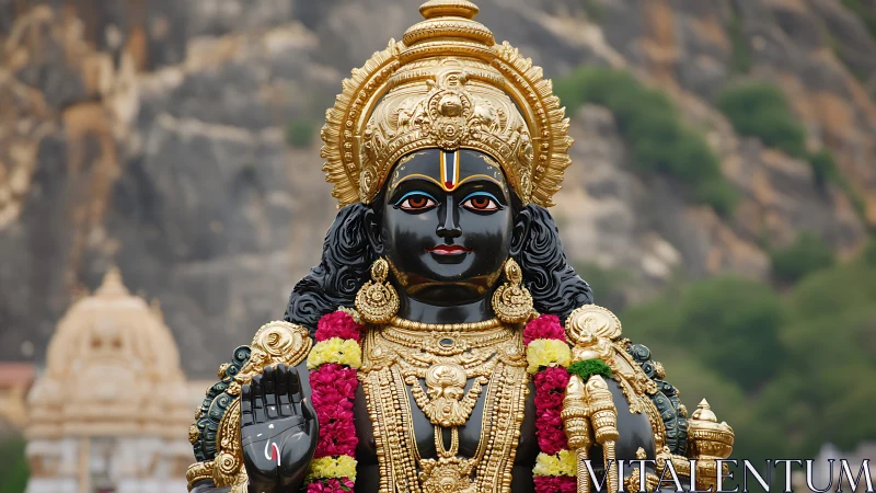 Radiant Hindu deity statue crowned with gold and color.