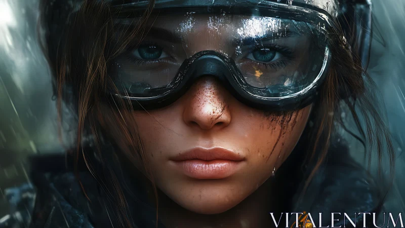 Close-up portrait of rain-soaked female soldier in tactical visor