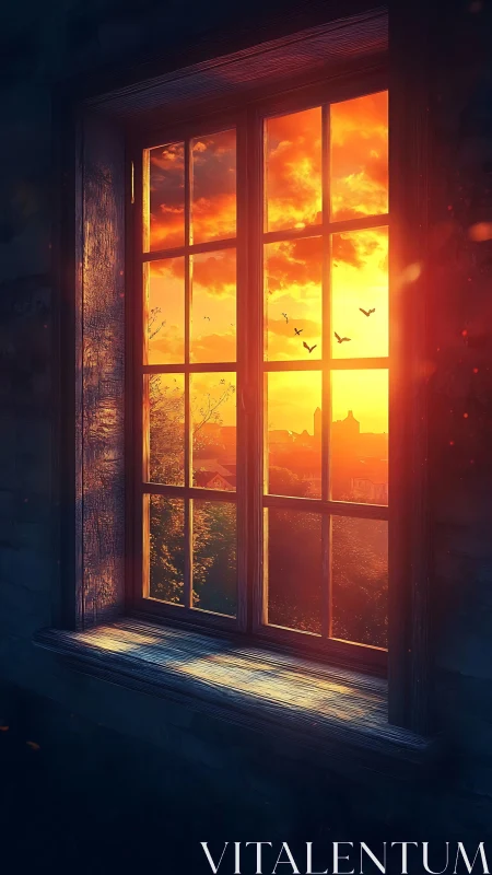 Sunlit rustic window frames a glowing cinematic sunset sky