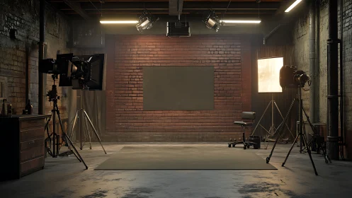 Industrial photo studio set with lights and brick backdrop.