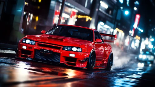 Scarlet street racer slices neon-soaked midnight avenues.