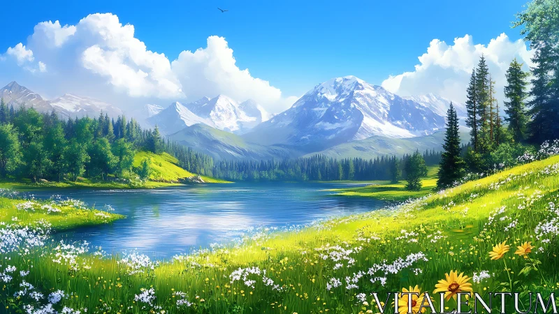 Luminous alpine lake with wildflower meadow and distant peaks.