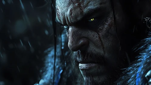 Battle-scarred warrior glares through rain with blazing eyes.