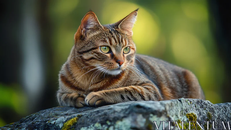 Tabby Cat Resting on Moss-Covered Stone