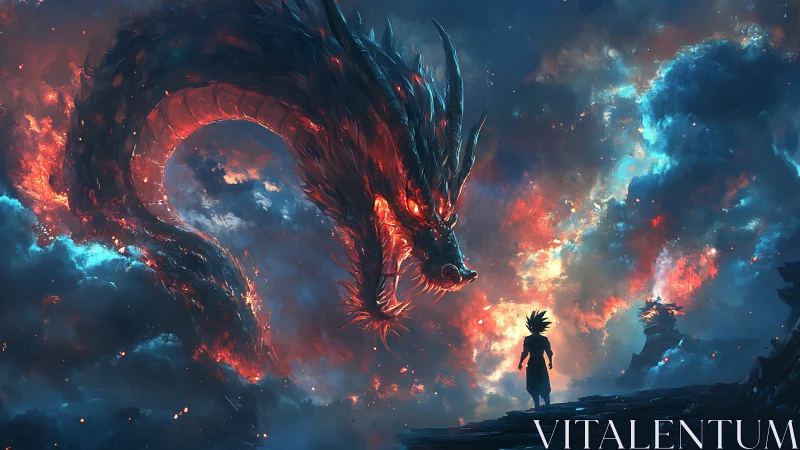 Skyfire dragon coils above lone warrior in stormlit cosmos.