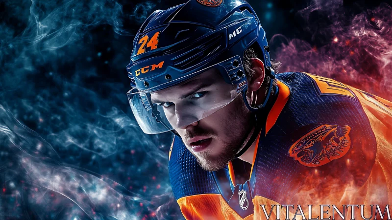 Ice hockey player portrait in protective gear and colored smoke