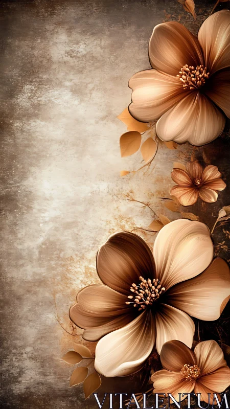 Sepia Floral Composition: Layered Blooms on Textured Ground.