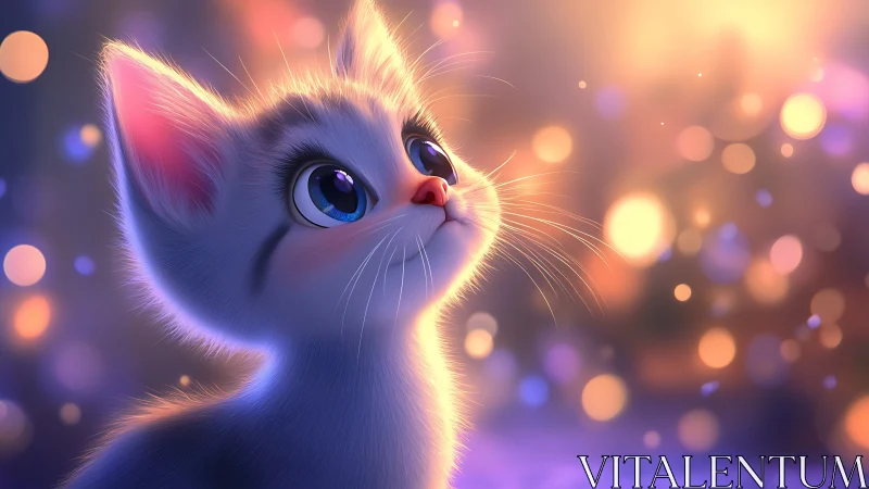 Luminous White Cat with Blue Eyes in Glowing Bokeh Setting