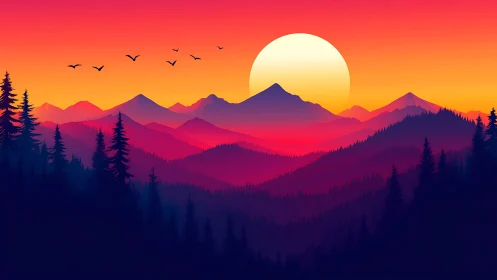 Layered mountain silhouettes align beneath low sun disc