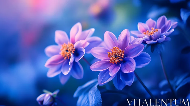 Dahlia flowers with yellow stamens photographed against blue blurred background