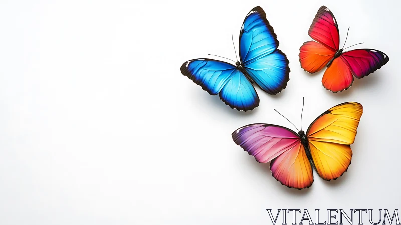 Chromatic winged trio drifting across quiet white sky.