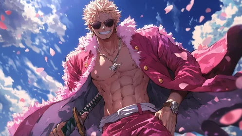 Shirtless man in pink coat stands outdoors under blue sky