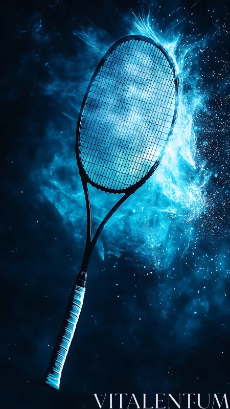 Tennis racket isolated in dynamic blue energy splash.