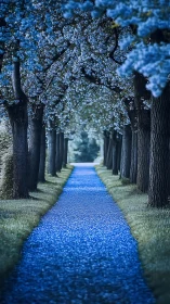 Blue blossom avenue guides a tranquil walk into light