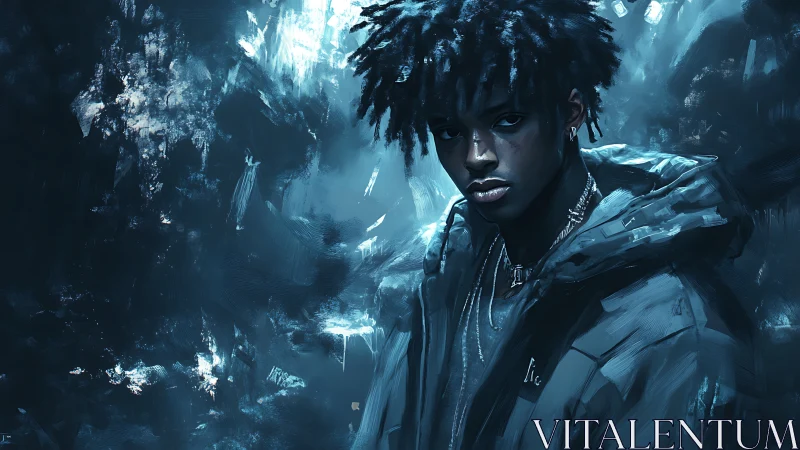 Moody portrait of young man in icy blue urban haze.