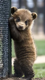 Brown bear cub standing against metal fence post outdoors.