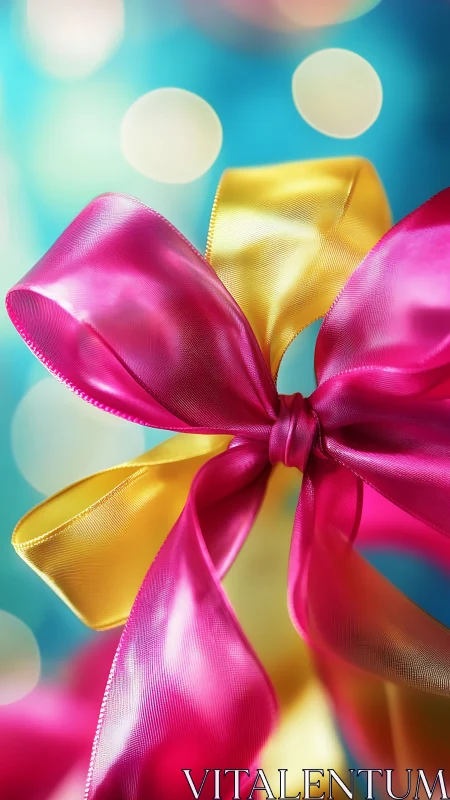 Bright satin gift bow in pink and gold on dreamy teal bokeh.