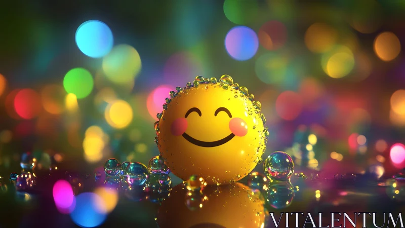 Smiling Emoji Ball with Bubbles in Vibrant Bokeh Light Scene.