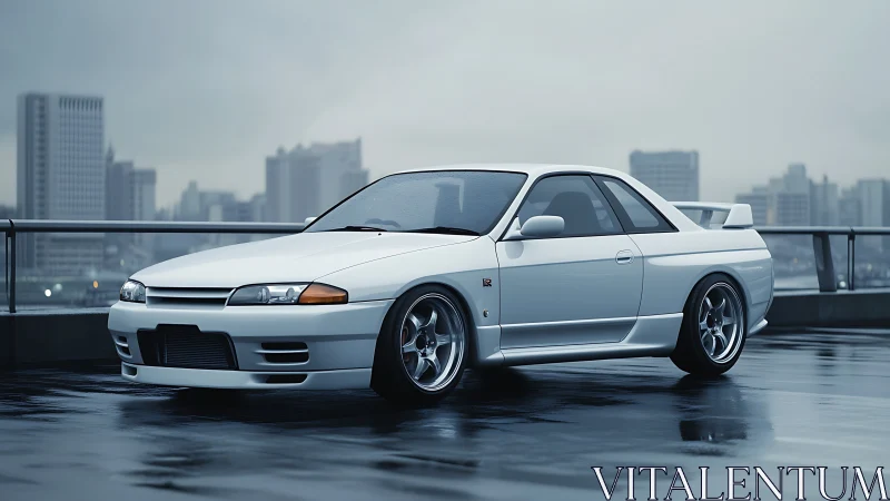 White sports coupe parked on wet rooftop in overcast city