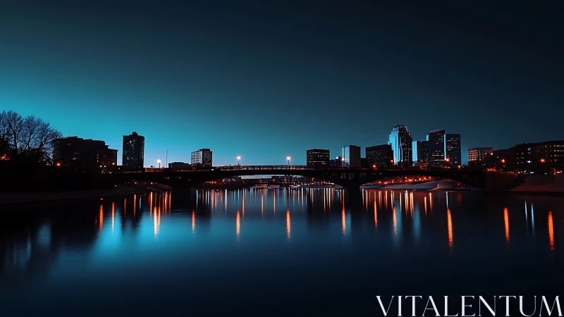 City skyline glows above a calm river under deep blue night