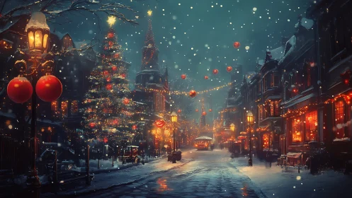 Snowy Christmas street glows with warm festive lantern light.