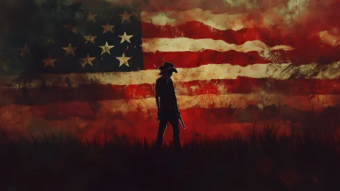 Lone cowboy silhouette walks before a weathered US flag.