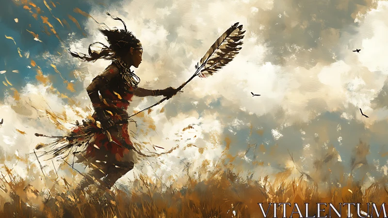 Warrior woman runs through tall grass with feather staff.