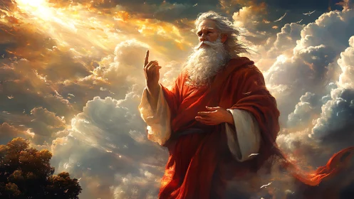 Celestial elder in volumetric clouds under radiant skyfield.