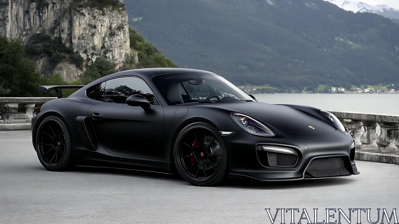 Matte black sports coupe poised beside serene mountain lake.