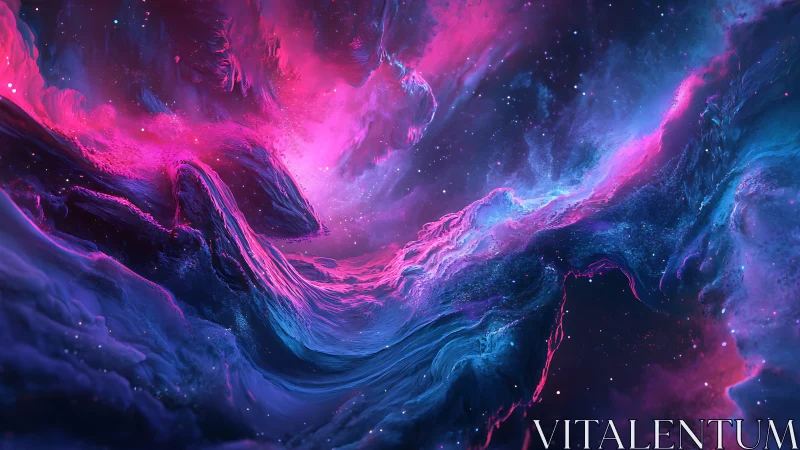 Cosmic neon nebula waves swirl through deep space void.