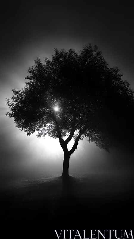Backlit tree silhouette isolates against dense nocturnal fog