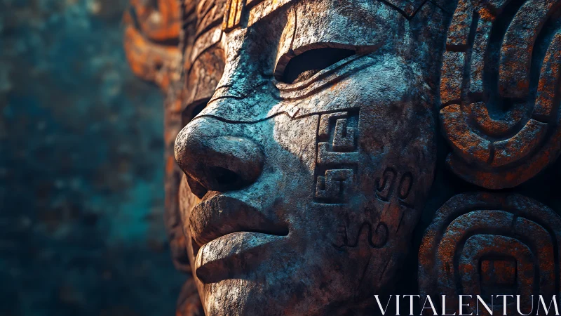 Stone face sculpture with carved symbols in close-up view.
