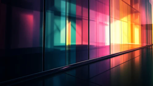 Colored glass wall panels with gradient light reflections.