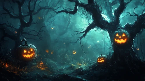 Glowing jack-o&rsquo;-lantern trail in a misty Halloween forest.