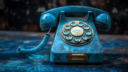 Rust-kissed blue rotary phone humming with quiet memories.