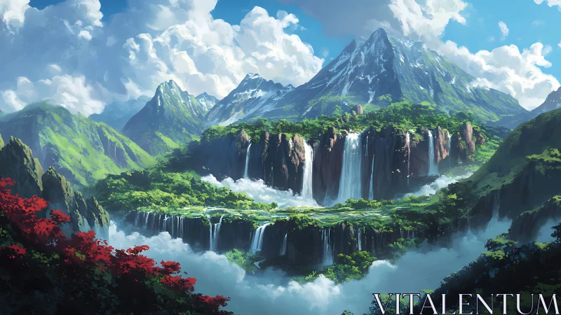 Verdant terraced waterfalls below snow-capped mountain range.