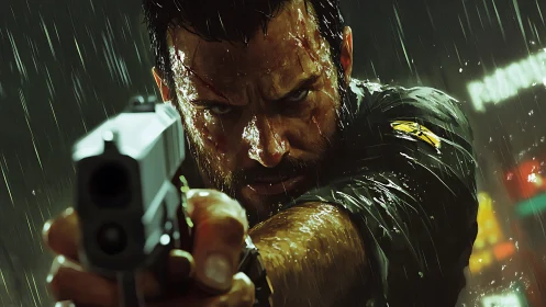 Determined gunman aims forward under heavy neon rain