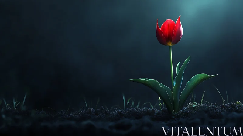 Single red tulip illuminated against deep blue nocturnal field