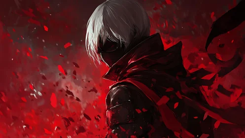 Hooded white haired figure in red fragmented environment.